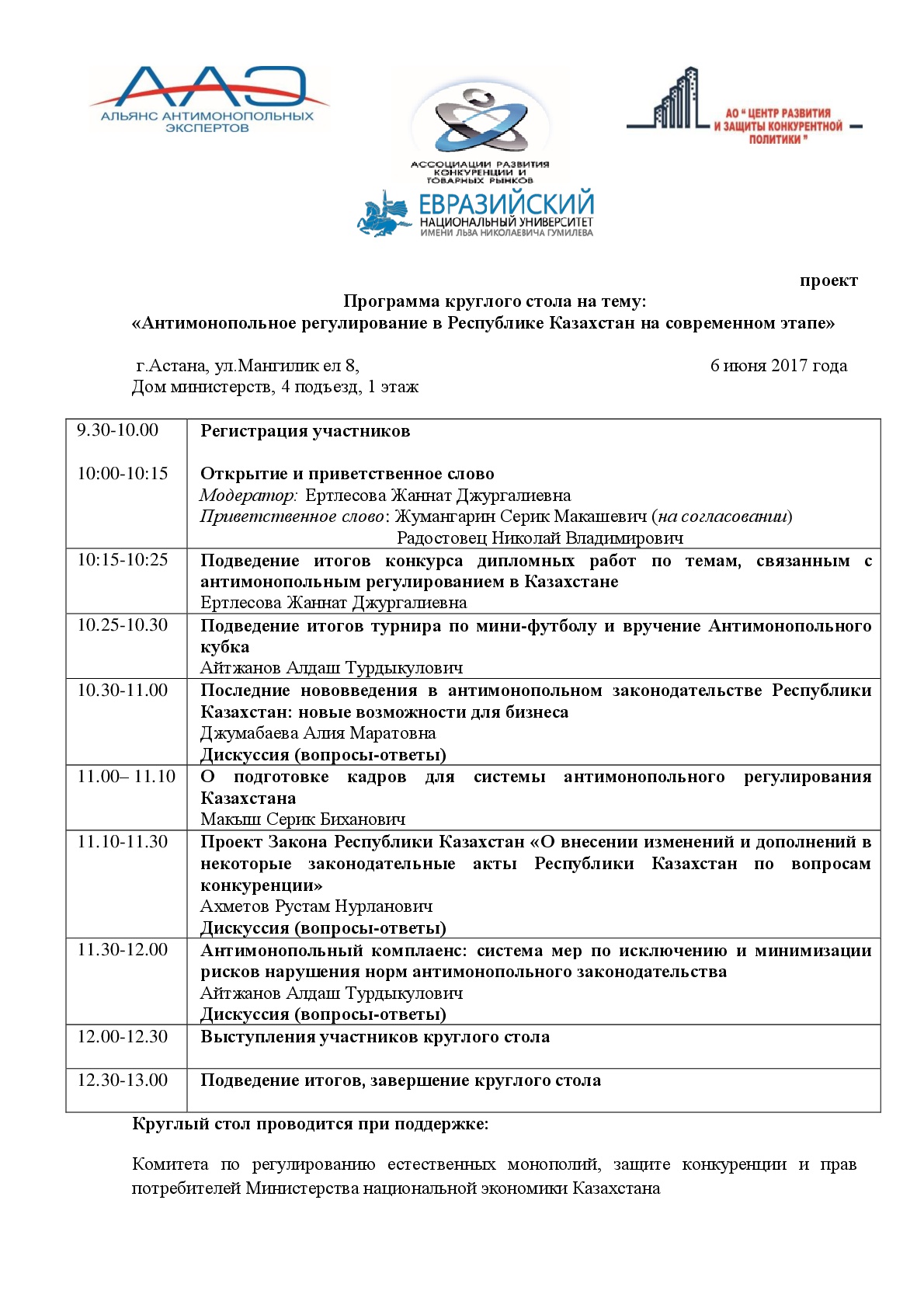 ПРОГРАММА круглого стола на тему:  «Антимонопольное регулирование в Республике Казахстан на современном этапе» 6 июня 2017 года в г.Астана